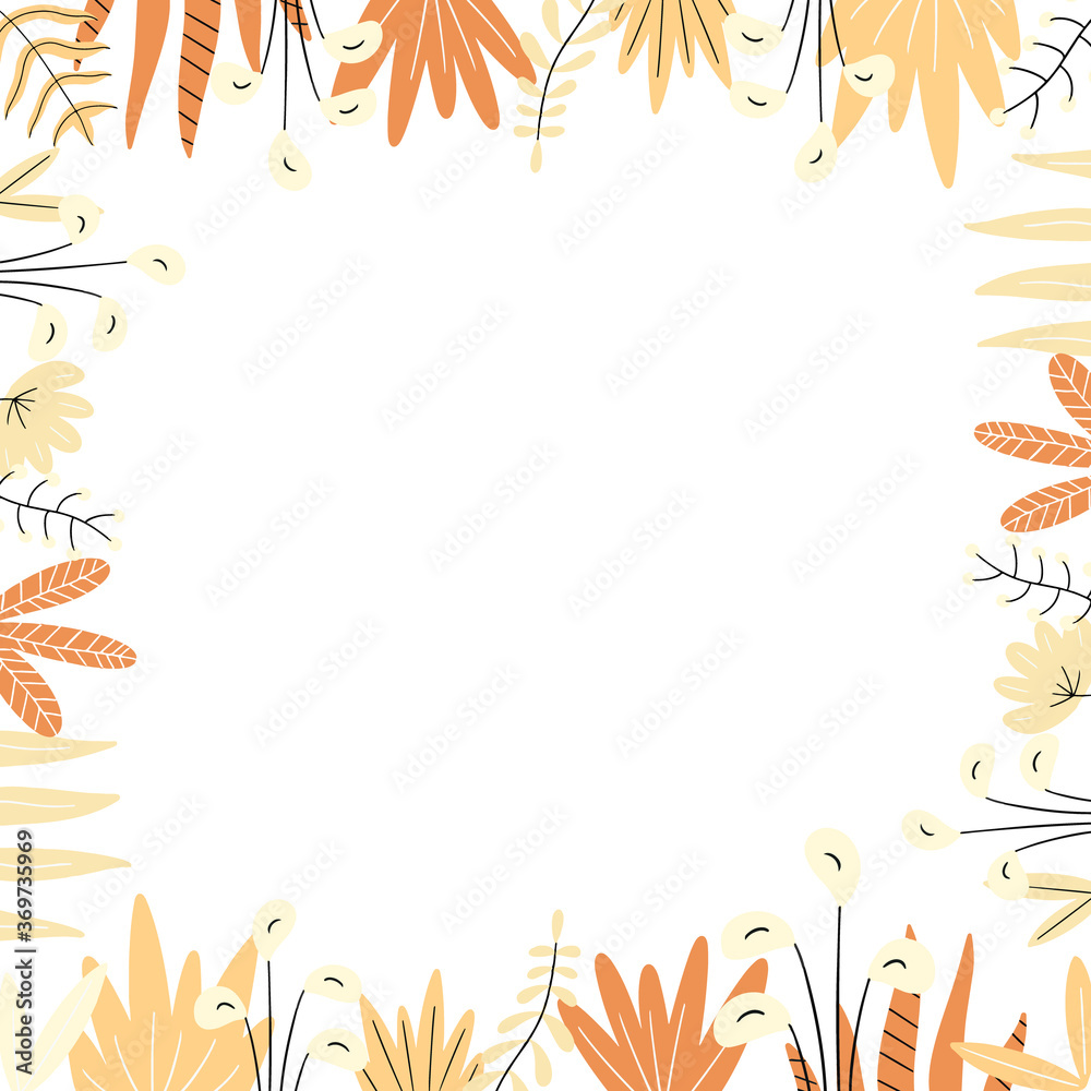 Vector illustration of floral frame on white background. Drawn by hand autumn yellow plants elements in doodle style. Postcard decorative design. Vector illustration of floral frame on white background. Drawn by hand autumn yellow plants elements in doodle style. Postcard decorative design.