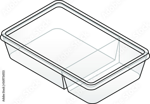 A shallow rectangular clear plastic takeaway food container with divided compartments.