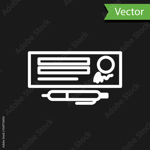 White line Blank template of the bank check and pen icon isolated on black background. Checkbook cheque page with empty fields to fill. Vector Illustration.