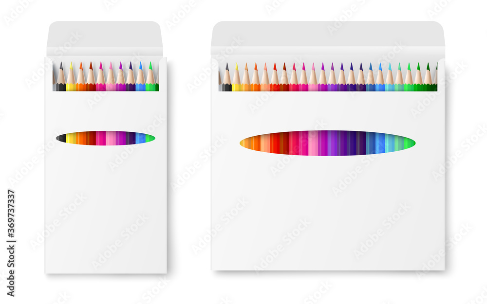 Φωτογραφία Two vector realistic boxes of colored pencils isolated on a white background
