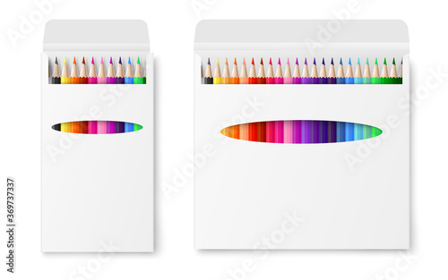 Two vector realistic boxes of colored pencils isolated on a white background.