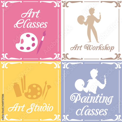 A set of vector cards or banners for an art studio, class or workshop.