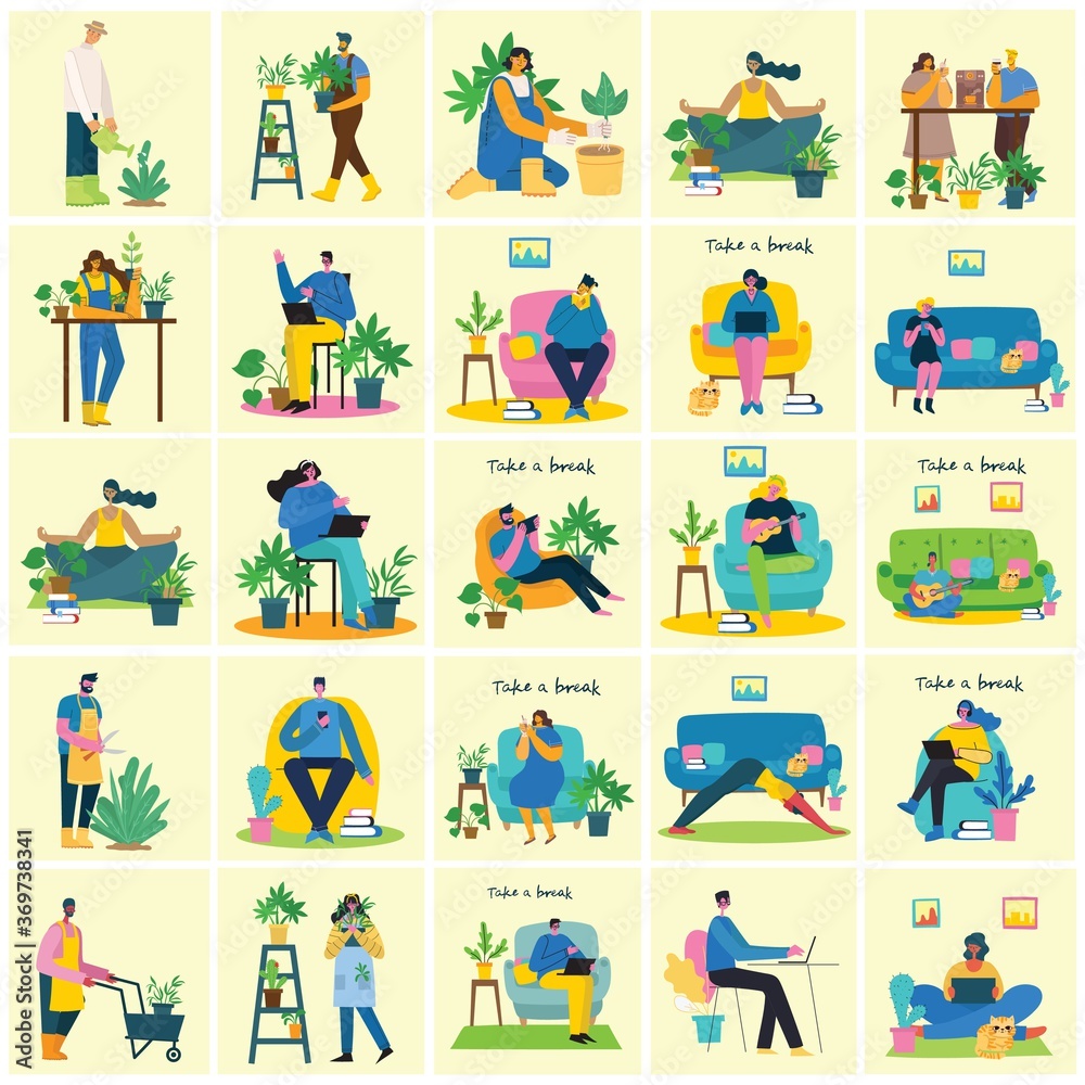 Take a break collage illustration. People have rest and drink coffee, use tablet on chair and sofa. Flat vector style.