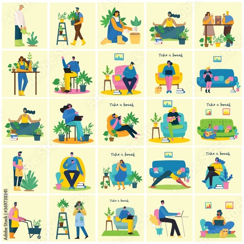 Take a break collage illustration. People have rest and drink coffee  use tablet on chair and sofa. Flat vector style.