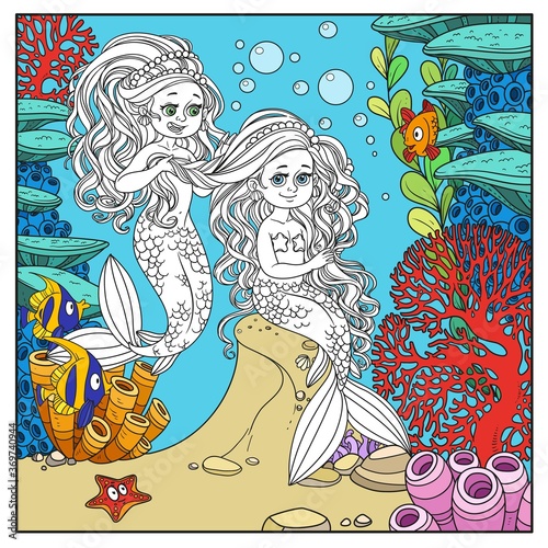Cute girl mermaid plait braids friend mermaid on underwater world with corals page for coloring