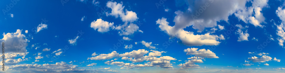 White cumulus clouds in blue skies at high altitude in daylight in the afternoon. Ultra wide panorama.