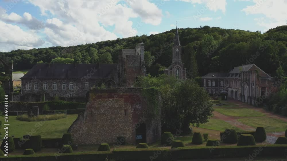 Abbey in 4k. Aerial photography. View from above. Top view of the abbey. Ruined abbey. Historical places. Destructive building. Abandoned. Belgium Abbey in 4k. Aerial photography. View from above. Top view of the abbey. Ruined abbey. Historical places. Destructive building. Abandoned. Belgium