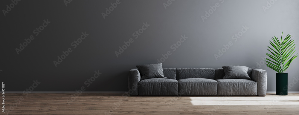 Living room interior design scene with gray sofa, green plant and empty gray wall on wooden floor, room interior mock up, empty room interior background, grey empty wall mockup, 3d render - obrazy, fototapety, plakaty 