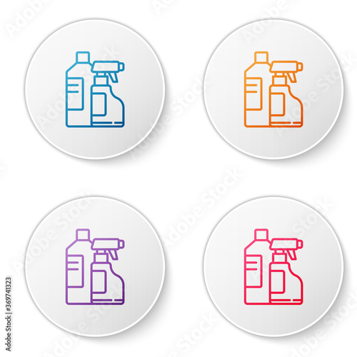 Color line Plastic bottles for laundry detergent, bleach, dishwashing liquid or another cleaning agent icon isolated on white background. Set icons in circle buttons. Vector Illustration.