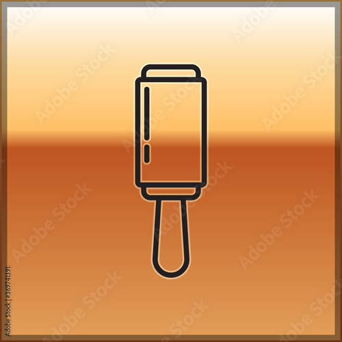 Black line Adhesive roller for cleaning clothes icon isolated on gold background. Getting rid of debris, dust, hair, fluff, pet wool. Vector Illustration.