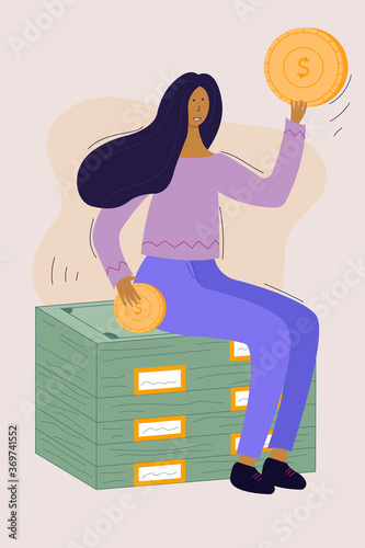 Flat hand drawn vector illustration for money saving concept. Woman with pennies in hands sitting on a money pack. 