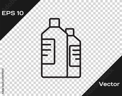 Black line Plastic bottles for laundry detergent, bleach, dishwashing liquid or another cleaning agent icon isolated on transparent background. Vector Illustration.