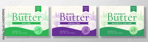 Arugula, Basil and Parsley Butter Dairy Labels Collection. Abstract Vector Packaging Design Layouts Set. Modern Typography Banners with Hand Drawn Herbs and Rural Landscape Background.