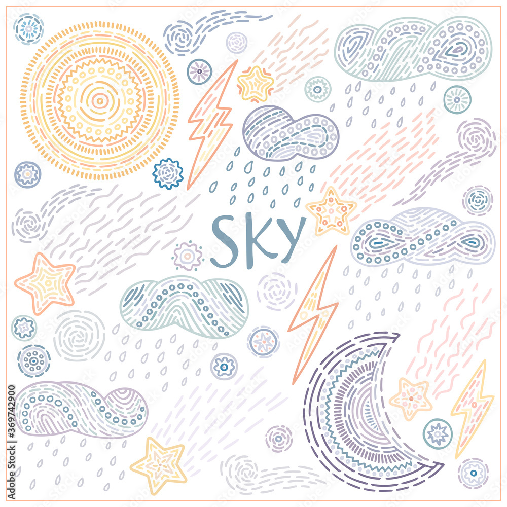Naklejka premium Weather doodle set: moon, sun, clouds, rain, lightning, stars and snowflakes. Vector illustrations in hand drawn style for posters, prints, cards, fabric, children's books. Cute pastel colors.
