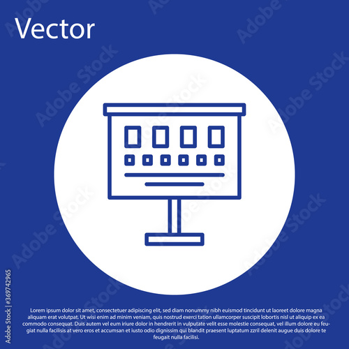 Blue line Eye test chart icon isolated on blue background. Poster for vision testing in ophthalmic study. Snellen chart. White circle button. Vector Illustration.