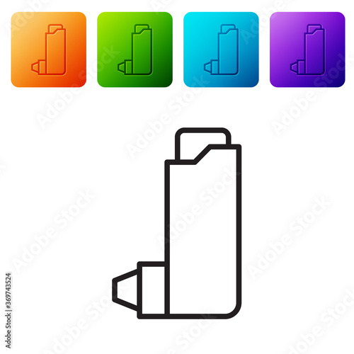 Black line Inhaler icon isolated on white background. Breather for cough relief, inhalation, allergic patient. Set icons in color square buttons. Vector Illustration.