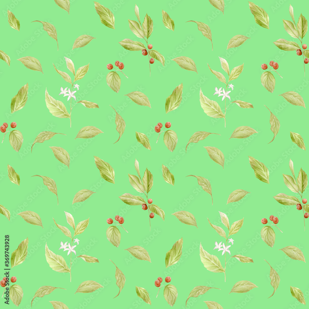 Watercolor coffee seamless pattern. Hand painted branches of coffee, red coffee beans, flowers Watercolor coffee seamless pattern. Hand painted branches of coffee, red coffee beans, flowers