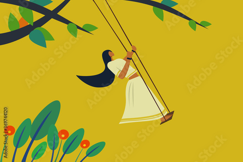Girl wearing traditional Kerala dress swinging.