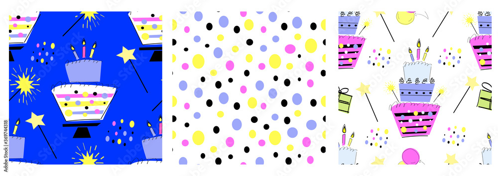 Naklejka premium Set of festive vector patterns. Endless birthday ornament for wrapping paper, banners, invitations, websites and other.