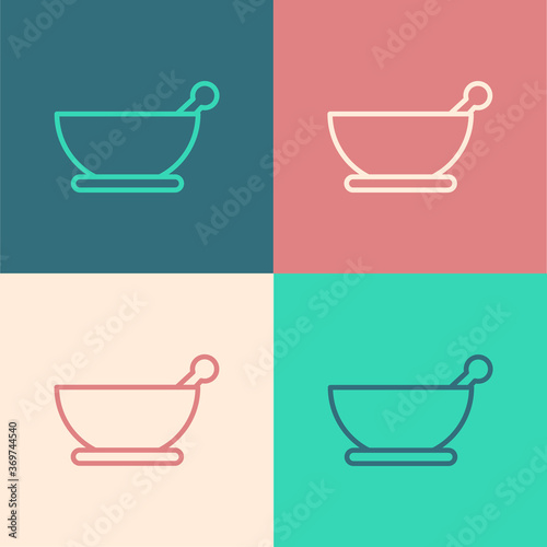 Pop art line Mortar and pestle icon isolated on color background. Vector Illustration.