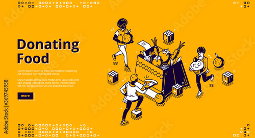 Donating food banner. Charity aid for homeless and hunger. Volunteers donate with nutrition products. Vector landing page with isometric people filling box by grocery and food