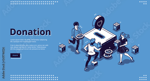 Donation banner. Concept of financial help, charity and aid. Volunteers support and care with money and love. Vector landing page with isometric people donate money and goods to box
