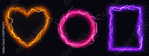 Electric lightning frames in shape of circle, heart and rectangle. Digital glowing neon borders. Vector realistic set of pink, red and purple sparking discharge isolated on transparent background