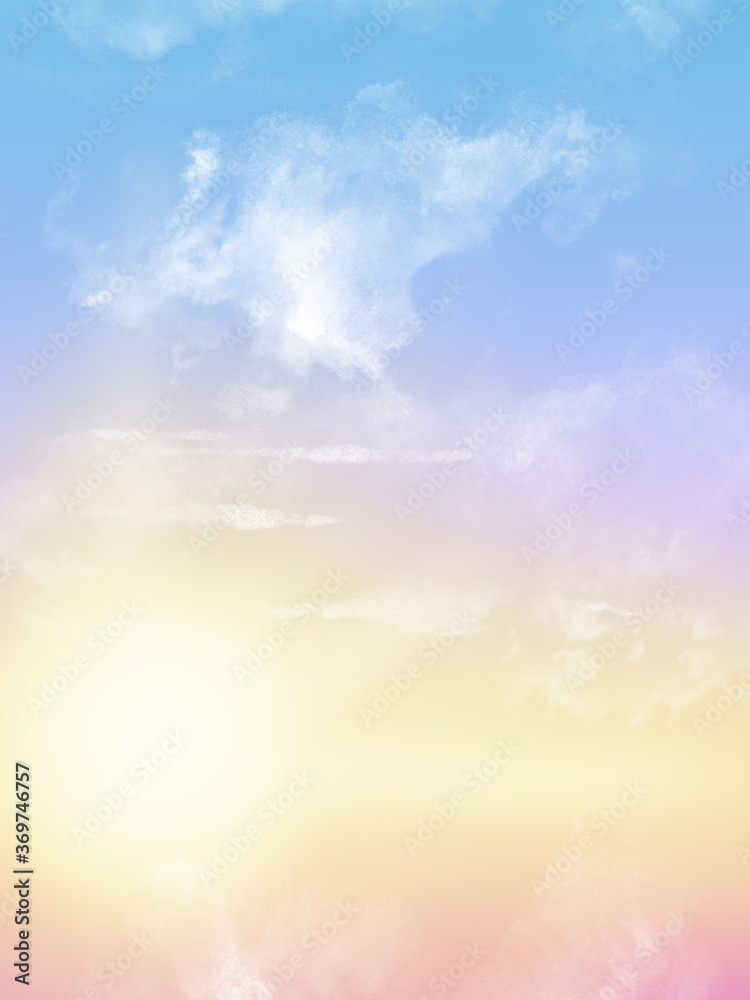 Hand drawn watercolor colorful sunset multicolor sky and white clouds