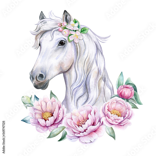 White Horse, Unicorn with a wreath of flowers pink Peonies. Portrite. Watercolor. Digital art. Illustration. Template. Clipart. Flower arch, frame. Boho