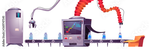 Conveyor belt on dairy production factory. Process of automatic pouring milk in glass bottles on plant. Vector cartoon set of equipment in production line workshop