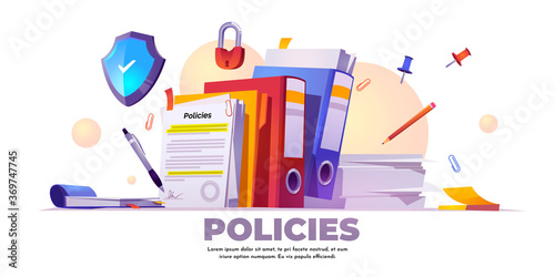 Policies banner. Concept of business documents for law compliance, legal regulation quality and procedures. Vector landing page of guideline, rules and agreement with cartoon paperwork illustration