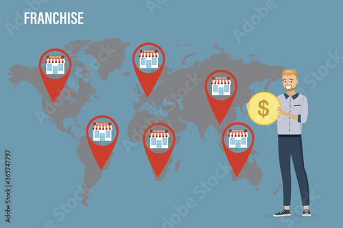 Development of global franchise network. World map with shops. Businessman or investor with profit in hands.
