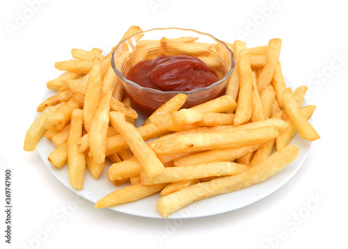 French fries with ketchup in plate n white
