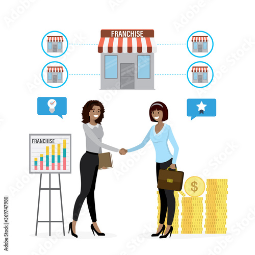 Franchise business concept. Franchise owner and new franchisee shake hands after successful negotiations. Happy businesswoman.
