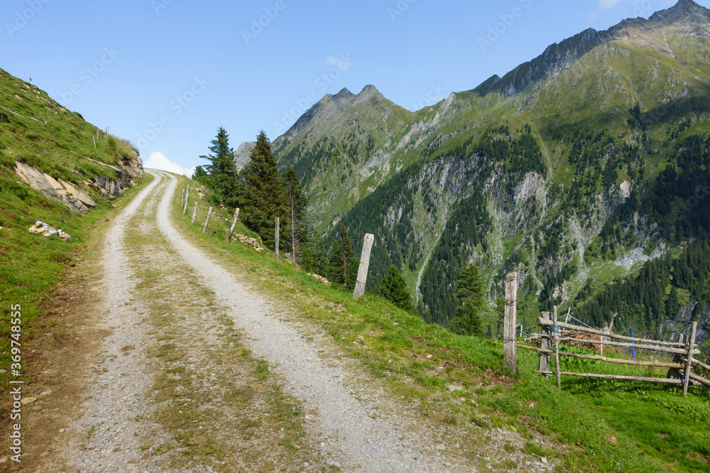 Bergstraße in den Alpen mit Holzzaun