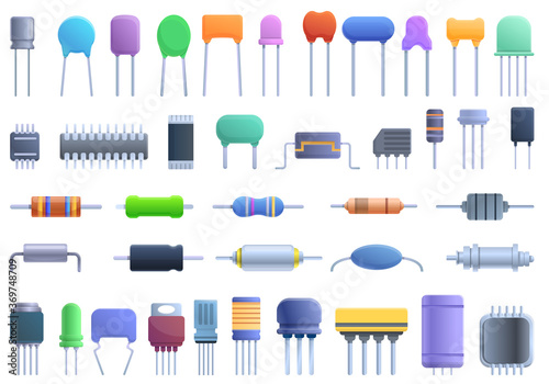 Capacitor icons set. Cartoon set of capacitor vector icons for web design