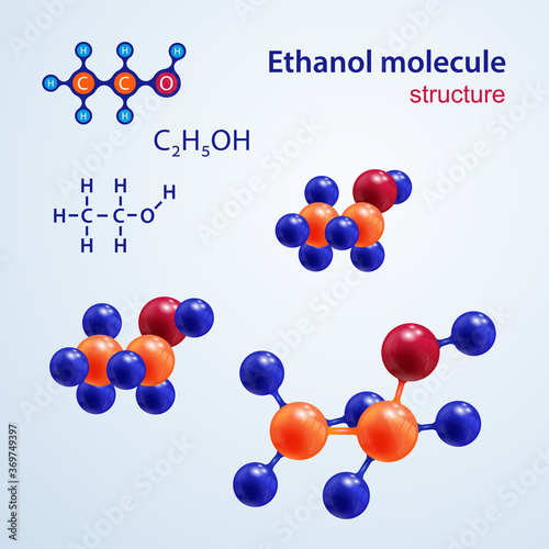 Ethanol molecule - chemical structural formula and model, 2d and 3d vector onlight  background, balls and sticks, eps 10