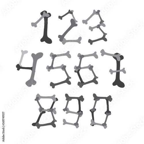 Isolated grey hand drawn vector design cartoon set of numbers from bones