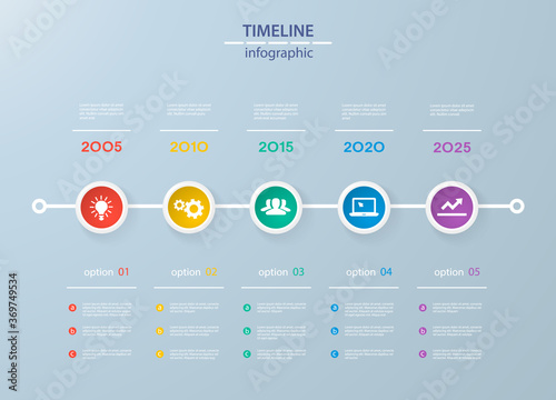 Infographics timeline template with realistic colorful circles for 5 steps and icons. Can be used for workflow layout, diagram, number options, step up options, web design, infographics, presentations