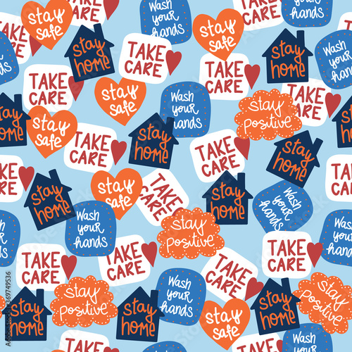 CoronaVirus Covid-19 lettering stickers seamless vector pattern. Stay home, Wash your hands, Take care, Stay safe background. Vector illustration. Use for fabric, face masks. 