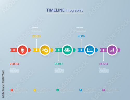 Infographics timeline template with realistic colorful circles for 5 steps and icons. Can be used for workflow layout, diagram, number options, step up options, web design, infographics, presentations