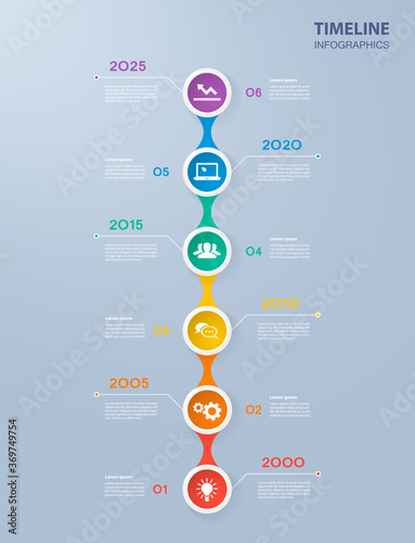 Infographics timeline template with realistic colorful circles for 6 steps and icons. Can be used for workflow layout, diagram, number options, step up options, web design, infographics, presentations