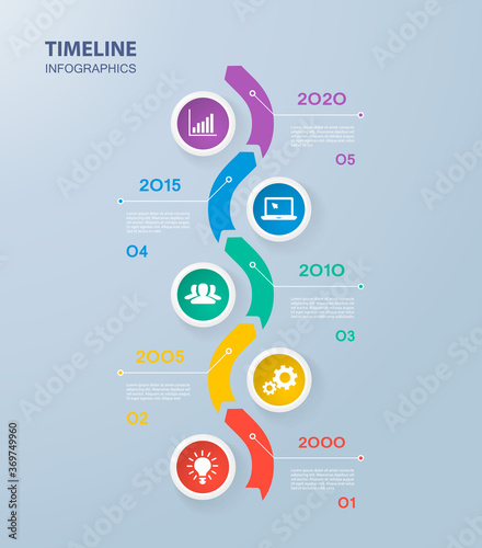 Infographics timeline template with realistic colorful circles for 5 steps and icons. Can be used for workflow layout, diagram, number options, step up options, web design, infographics, presentations