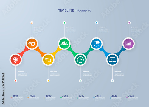 Infographics timeline template with realistic colorful circles for 8 steps and icons. Can be used for workflow layout, diagram, number options, step up options, web design, infographics, presentations