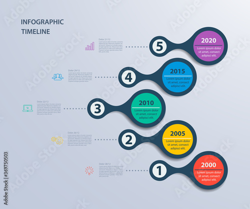 Infographics timeline template for 5 steps and icons. Can be used for workflow layout, diagram, number options, step up options, web design, infographics, presentations