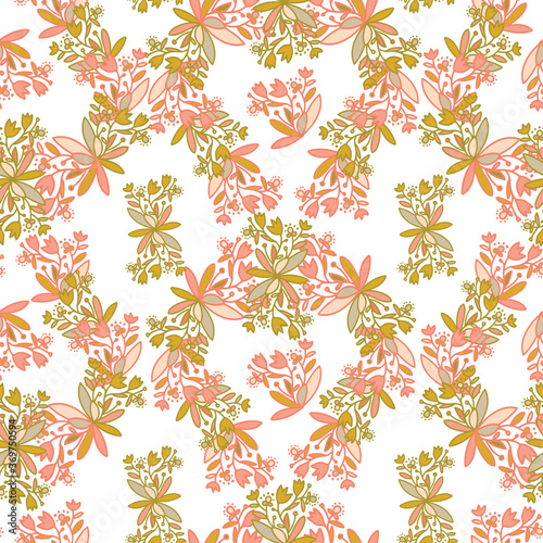 Seamless vector pattern of ornamental lined abstract flowers on white background