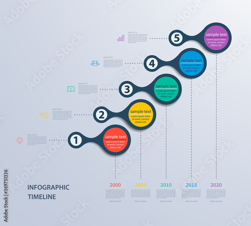 Infographics timeline template for 5 steps and icons. Can be used for workflow layout, diagram, number options, step up options, web design, infographics, presentations