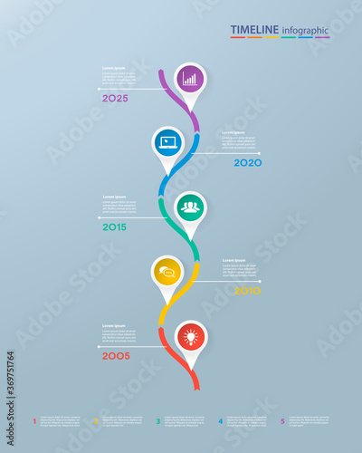 Infographics timeline template with realistic colorful circles for 5 steps and icons. Can be used for workflow layout, diagram, number options, step up options, web design, infographics, presentations