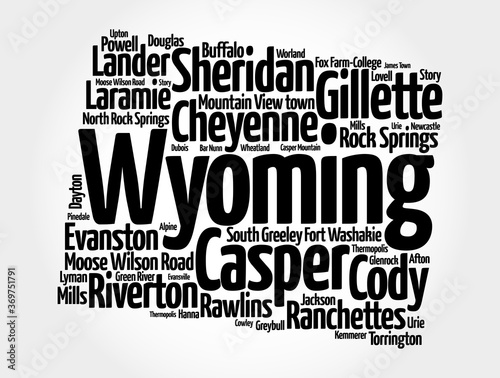 List of cities in Wyoming USA state, map silhouette word cloud, map concept background photo