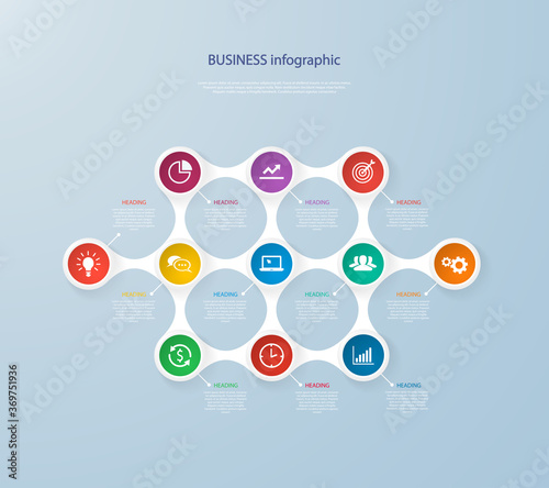 Infographics template with 11 realistic colorful circles for steps and icons. Can be used for workflow layout, diagram, number options, step up options, web design, infographics, presentations